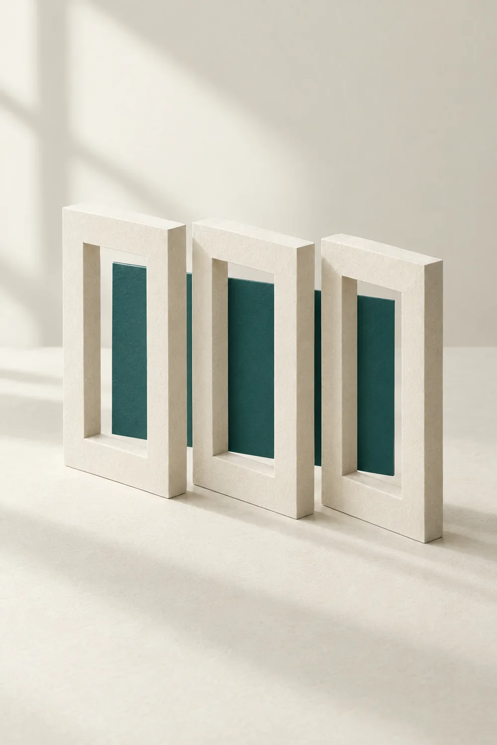 Conceptual AI illustration of three aligned ivory paper frames with a muted teal card, representing clarity and focus.